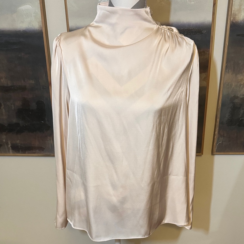 Maison d’Amelie Cream Women's Blouse With Gold Accent Buttons on Shoulder Size M